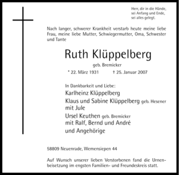 Traueranzeige von Ruth Klüppelberg von Tageszeitung