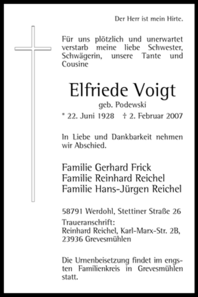  Traueranzeige für Elfriede Voigt vom 05.02.2007 aus Tageszeitung