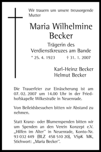 Traueranzeige von Maria Wilhelmine Becker von Tageszeitung