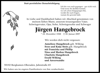 Traueranzeige von Jürgen Hangebrock von Tageszeitung
