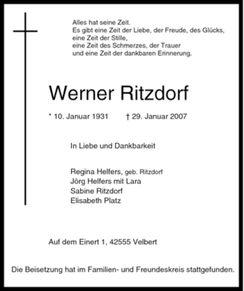 Traueranzeige von Werner Ritzdorf von Tageszeitung