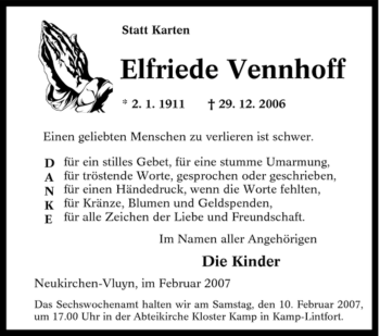 Traueranzeige von Elfriede Vennhoff von Tageszeitung