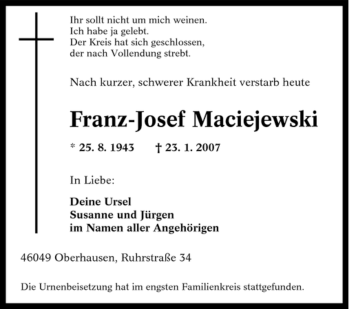 Traueranzeige von Franz-Josef Maciejewski von Tageszeitung