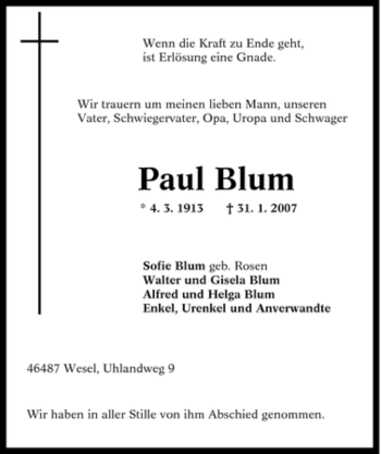 Traueranzeige von Paul Blum von Tageszeitung