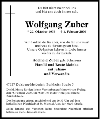 Traueranzeige von Wolfgang Zuber von Tageszeitung