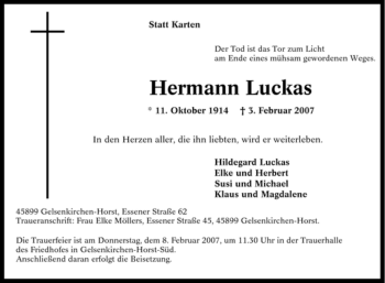 Traueranzeige von Hermann Luckas von Tageszeitung