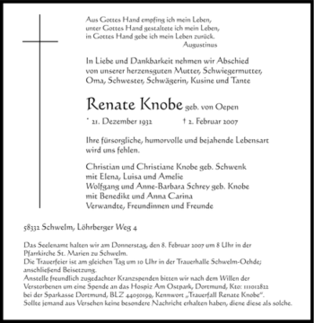Traueranzeige von Renate Knobe von Tageszeitung