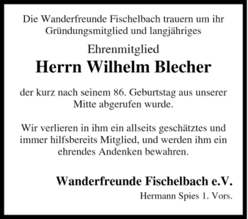 Traueranzeige von Herrn Wilhelm Blecher von Tageszeitung