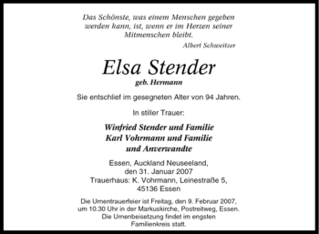 Traueranzeige von Elsa Stender von Tageszeitung