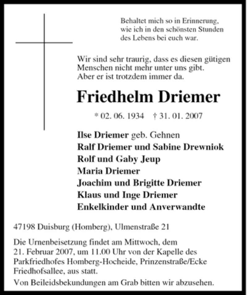  Traueranzeige für Friedhelm Driemer vom 06.02.2007 aus Tageszeitung
