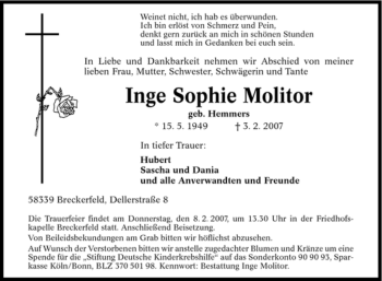 Traueranzeige von Inge Sophie Molitor von Tageszeitung
