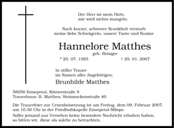 Traueranzeige von Hannelore Matthes von Tageszeitung