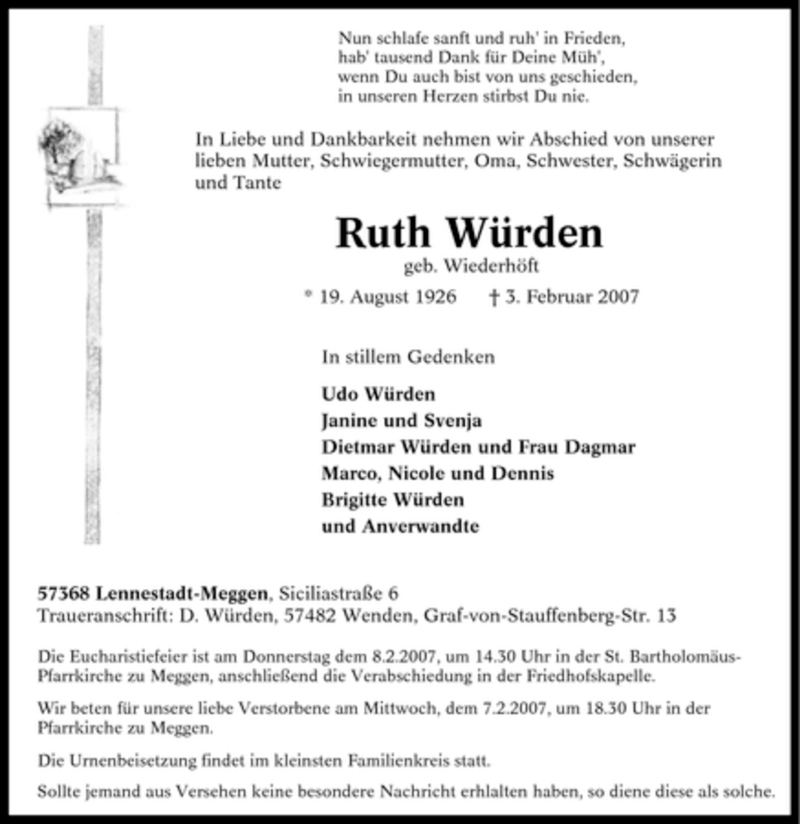  Traueranzeige für Ruth Würden vom 06.02.2007 aus Tageszeitung