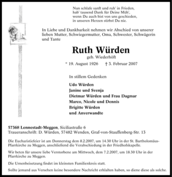 Traueranzeige von Ruth Würden von Tageszeitung