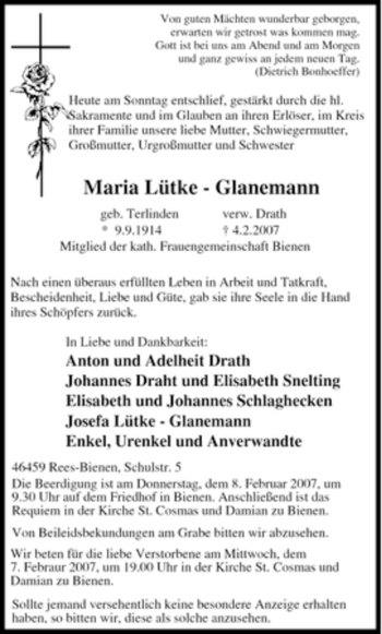 Traueranzeige von Maria Lütke Glanemann von Tageszeitung