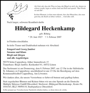 Traueranzeige von Hildegard Heckenkamp von Tageszeitung