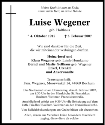 Traueranzeige von Luise Wegener von Tageszeitung
