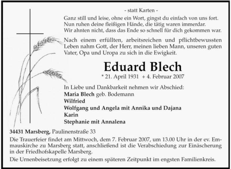  Traueranzeige für Eduard Blech vom 06.02.2007 aus Tageszeitung