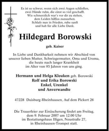 Traueranzeige von Hildegard Borowski von Tageszeitung