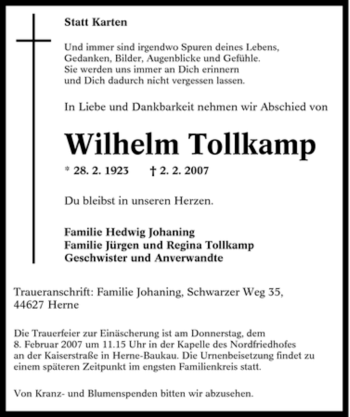 Traueranzeige von Wilhelm Tollkamp von Tageszeitung