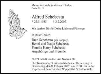 Traueranzeige von Alfred Schebesta von Tageszeitung