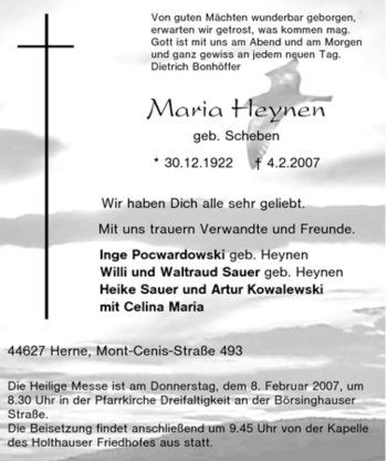 Traueranzeige von Maria Heynen von Tageszeitung