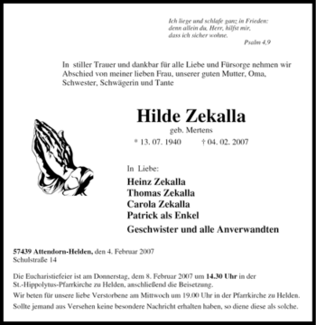 Traueranzeige von Hilde Zekalla von Tageszeitung