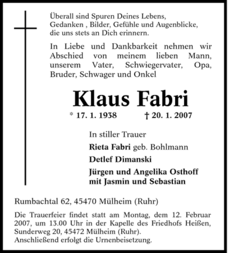  Traueranzeige für Klaus Fabri vom 06.02.2007 aus Tageszeitung