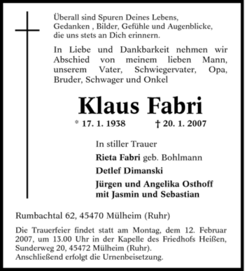 Traueranzeige von Klaus Fabri von Tageszeitung