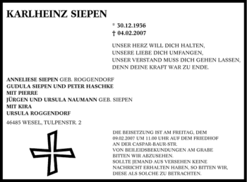 Traueranzeige von Karlehinz Siepen von Tageszeitung