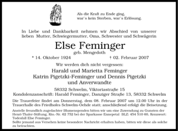 Traueranzeige von Else Feminger von Tageszeitung