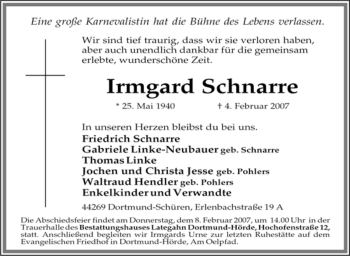 Traueranzeige von Irmgard Schnarre von Tageszeitung