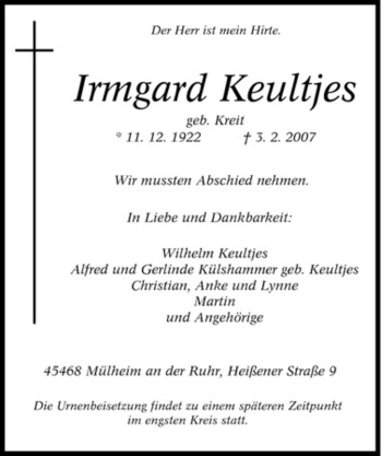 Traueranzeige von Irmgard Keultjes von Tageszeitung