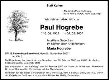 Traueranzeige von Paul Hogrebe von Tageszeitung