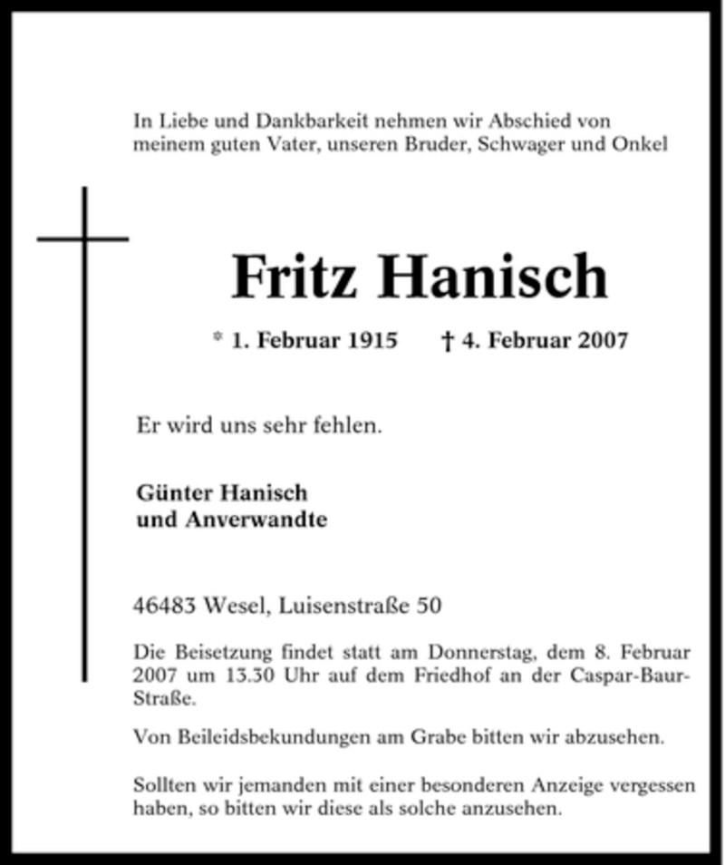  Traueranzeige für Fritz Hanisch vom 06.02.2007 aus Tageszeitung