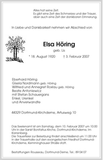 Traueranzeige von Elsa Höring von Tageszeitung