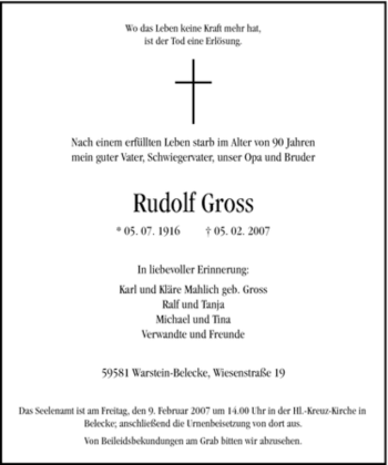 Traueranzeige von Rudolf Gross von Tageszeitung