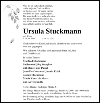Traueranzeige von Ursula Stuckmann von Tageszeitung