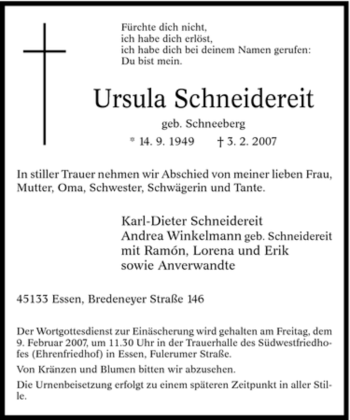 Traueranzeige von Ursula Schneidereit von Tageszeitung