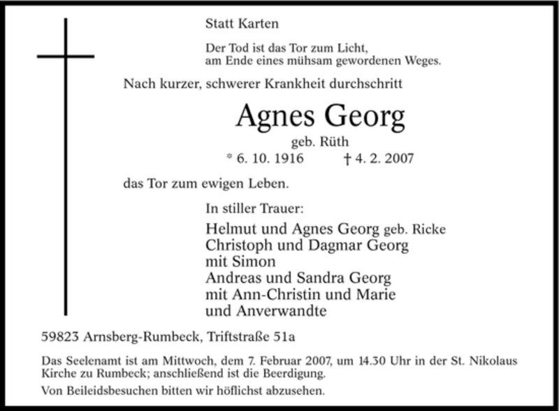  Traueranzeige für Agnes Georg vom 06.02.2007 aus Tageszeitung