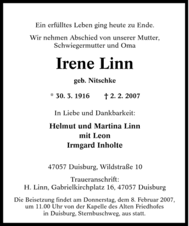  Traueranzeige für Irene Linn vom 06.02.2007 aus Tageszeitung