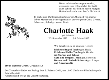 Traueranzeige von Charlotte Haak von Tageszeitung
