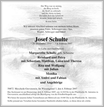 Traueranzeige von Josef Schulte von Tageszeitung