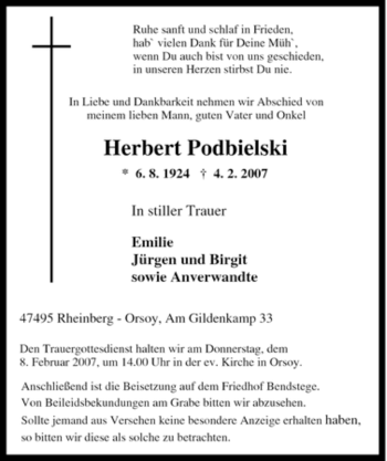 Traueranzeige von Herbert Podbielski von Tageszeitung
