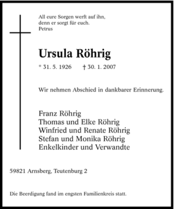 Traueranzeige von Ursula Röhrig von Tageszeitung