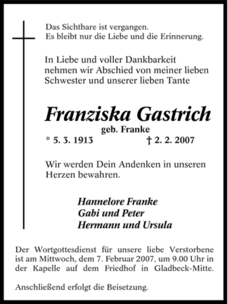  Traueranzeige für Franziska Gastrich vom 06.02.2007 aus Tageszeitung