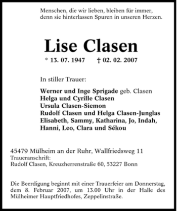 Traueranzeige von Lise Clasen von Tageszeitung