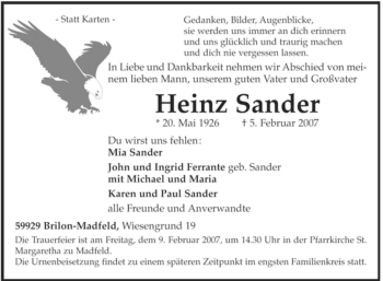 Traueranzeige von Heinz Sander von Tageszeitung