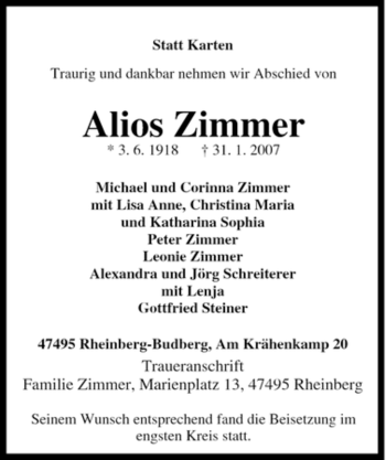 Traueranzeige von Alios Zimmer von Tageszeitung