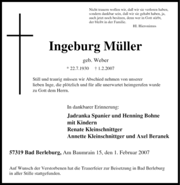 Traueranzeige von Ingeburg Müller von Tageszeitung